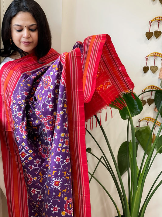 Purple Handwoven Ikat Dupatta in Pure Silk