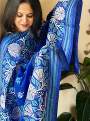 Blue Handmade Nakshi Kantha Dupatta in Pure Silk