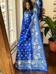 Blue Handmade Nakshi Kantha Dupatta in Pure Silk