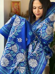 Blue Handmade Nakshi Kantha Dupatta in Pure Silk