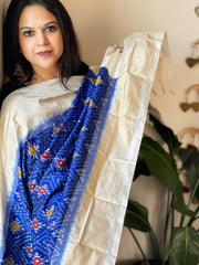 Ivory, Blue Handwoven Ikat Dupatta in Pure Silk