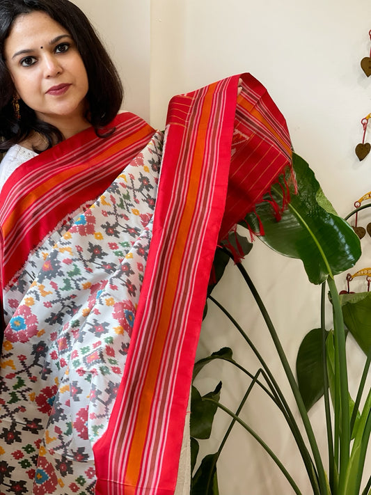 Ivory Handwoven Ikat Dupatta in Pure Silk