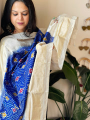 Ivory, Blue Handwoven Ikat Dupatta in Pure Silk