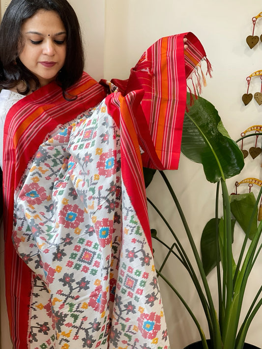Ivory Handwoven Ikat Dupatta in Pure Silk