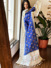 Ivory, Blue Handwoven Ikat Dupatta in Pure Silk