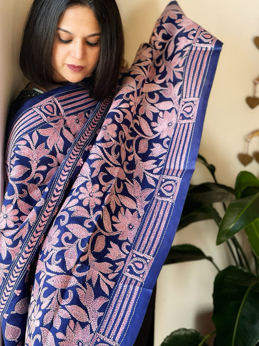 Blue Handmade Nakshi Kantha Dupatta in Pure Silk