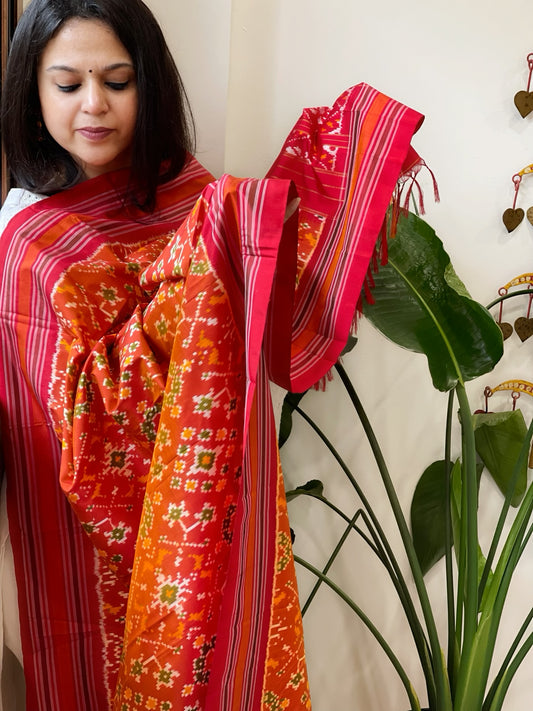 Burnt Orange Handwoven Ikat Dupatta in Pure Silk