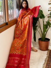 Burnt Orange Handwoven Ikat Dupatta in Pure Silk