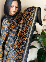 Black Handmade Nakshi Kantha Dupatta in Pure Silk