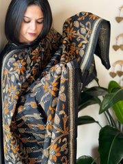 Black Handmade Nakshi Kantha Dupatta in Pure Silk