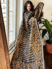 Black Handmade Nakshi Kantha Dupatta in Pure Silk