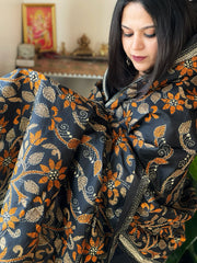 Black Handmade Nakshi Kantha Dupatta in Pure Silk