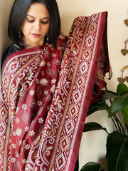 Maroon Handmade Nakshi Kantha Dupatta in Pure Silk