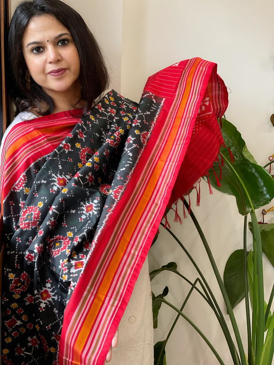Greenish Black Handwoven Ikat Dupatta in Pure Silk