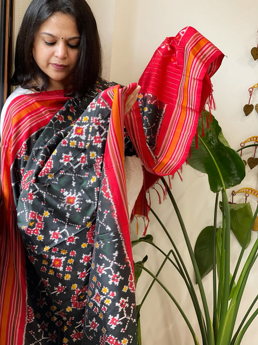 Greenish Black Handwoven Ikat Dupatta in Pure Silk