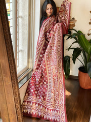 Maroon Handmade Nakshi Kantha Dupatta in Pure Silk