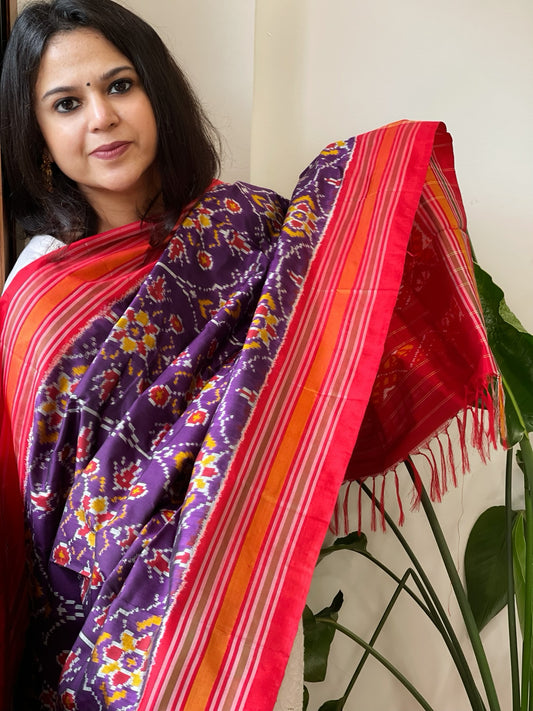 Purple Handwoven Ikat Dupatta in Pure Silk