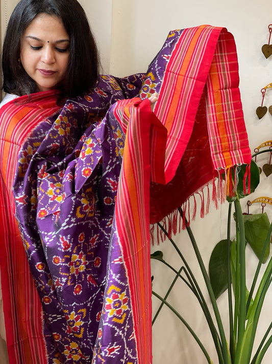 Purple Handwoven Ikat Dupatta in Pure Silk