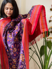Purple Handwoven Ikat Dupatta in Pure Silk