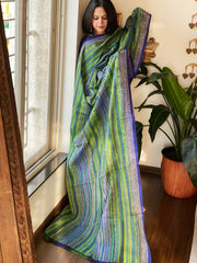 Green, Blue Handmade Kantha Dupatta in Silk