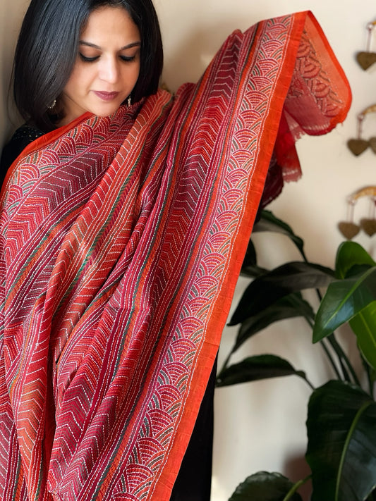 Orange, Maroon Handmade Kantha Dupatta in Silk