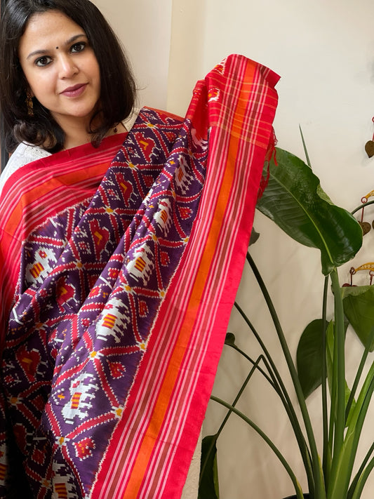 Purple Handwoven Ikat Dupatta in Pure Silk