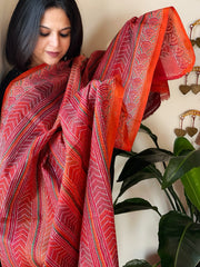 Orange, Maroon Handmade Kantha Dupatta in Silk