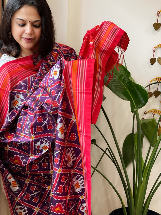 Purple Handwoven Ikat Dupatta in Pure Silk