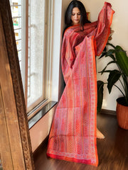 Orange, Maroon Handmade Kantha Dupatta in Silk