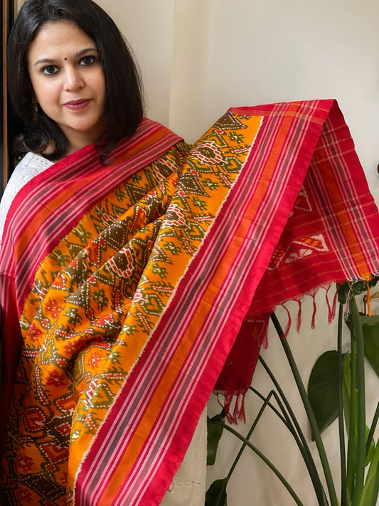 Orangish Yellow Handwoven Ikat Dupatta in Pure Silk