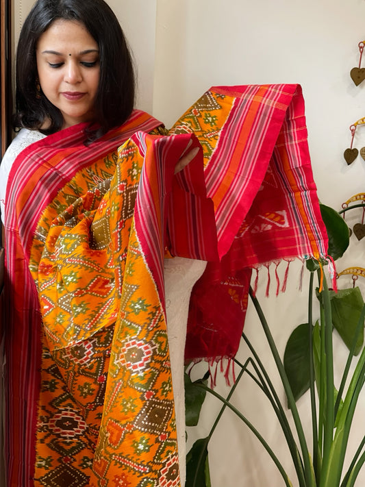 Orangish Yellow Handwoven Ikat Dupatta in Pure Silk