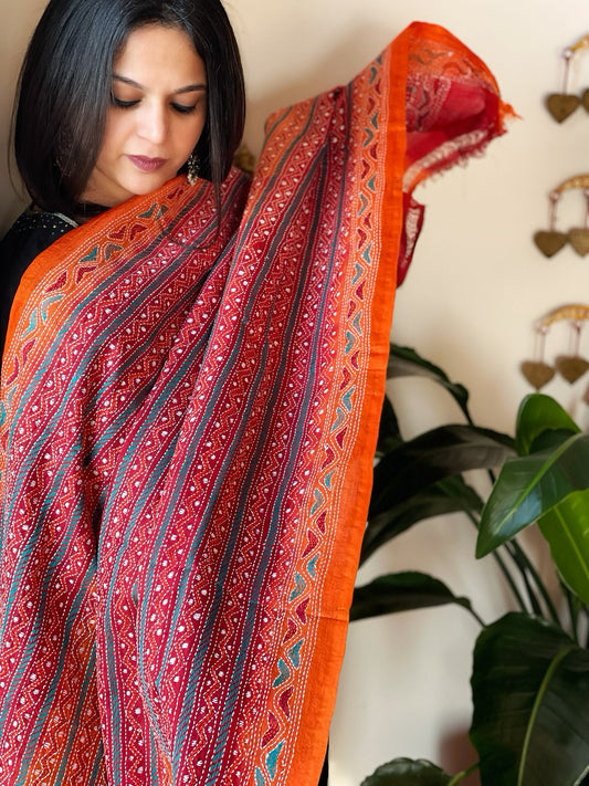 Orange, Maroon Handmade Kantha Dupatta in Silk