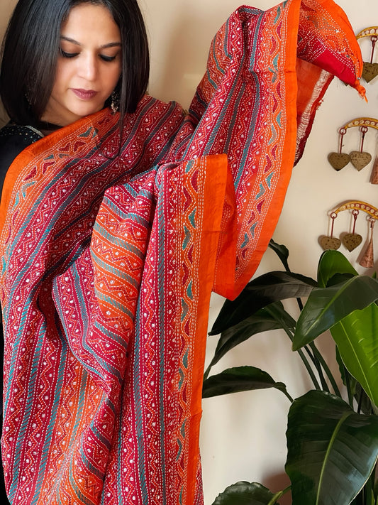 Orange, Maroon Handmade Kantha Dupatta in Silk