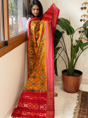 Orangish Yellow Handwoven Ikat Dupatta in Pure Silk