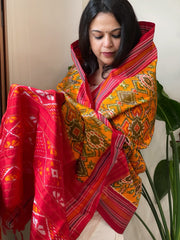 Orangish Yellow Handwoven Ikat Dupatta in Pure Silk