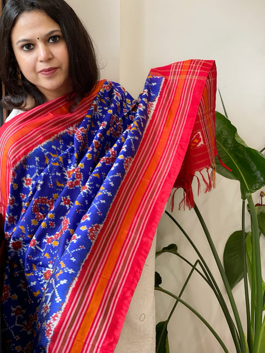 Royal Blue Handwoven Ikat Dupatta in Pure Silk