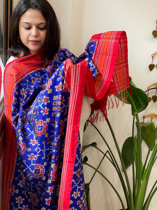 Royal Blue Handwoven Ikat Dupatta in Pure Silk