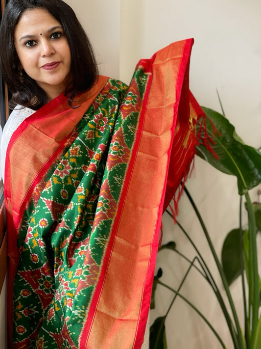 Green Handwoven Ikat Dupatta in Pure Silk