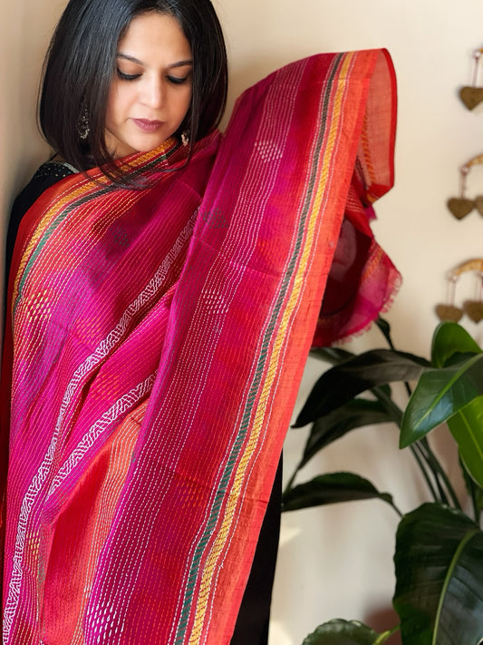 Orange, Pink Handmade Kantha Dupatta in Silk