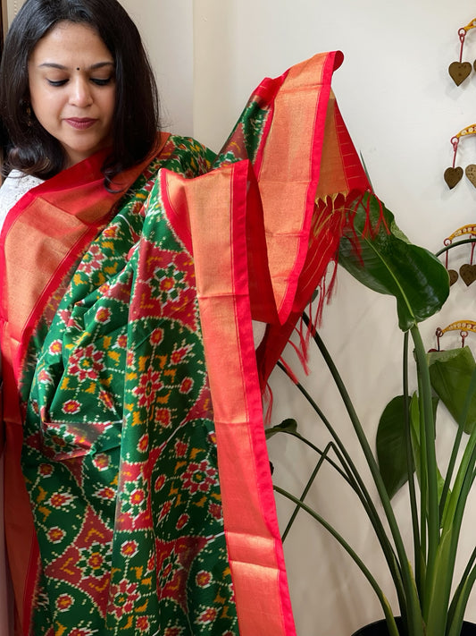 Green Handwoven Ikat Dupatta in Pure Silk