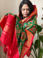 Green Handwoven Ikat Dupatta in Pure Silk