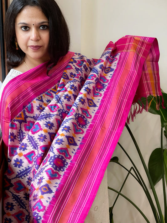 Lite Pink Handwoven Ikat Dupatta in Pure Silk