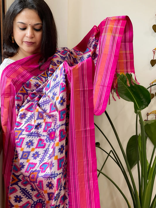 Lite Pink Handwoven Ikat Dupatta in Pure Silk