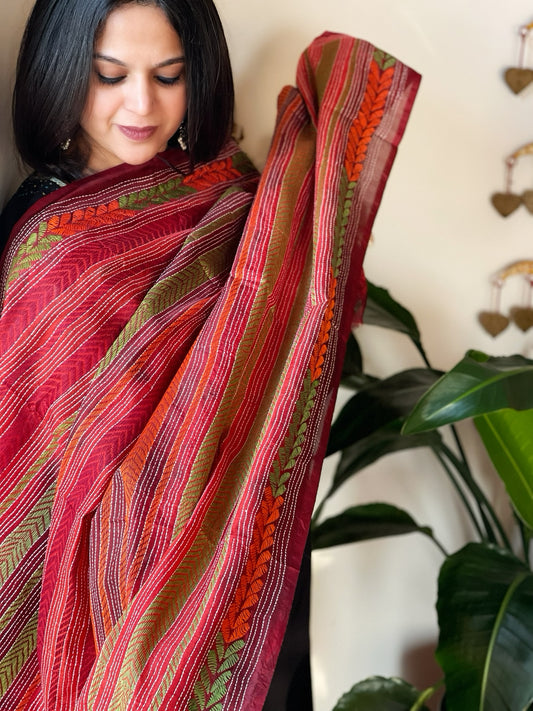 Orange, Maroon Handmade Kantha Dupatta in Silk