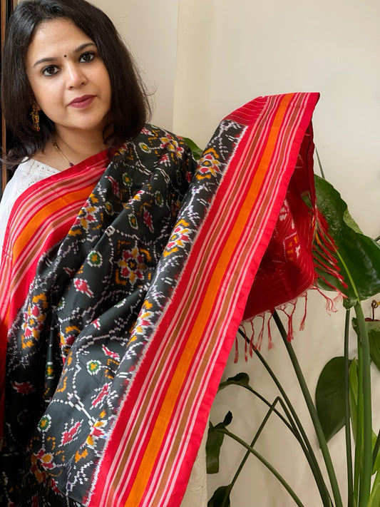 Greenish Black Handwoven Ikat Dupatta in Pure Silk