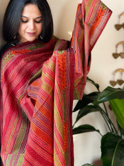 Orange, Maroon Handmade Kantha Dupatta in Silk