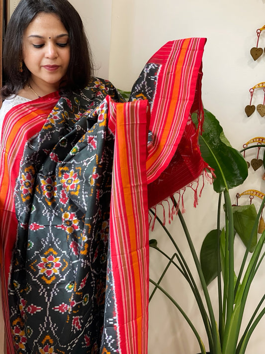 Greenish Black Handwoven Ikat Dupatta in Pure Silk