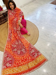 Orange, Red Bandhani Dupatta with Gotapatti Handwork in Pure Silk