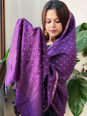 Purple Handwoven Muga Silk dupattas with Hand Embroidery