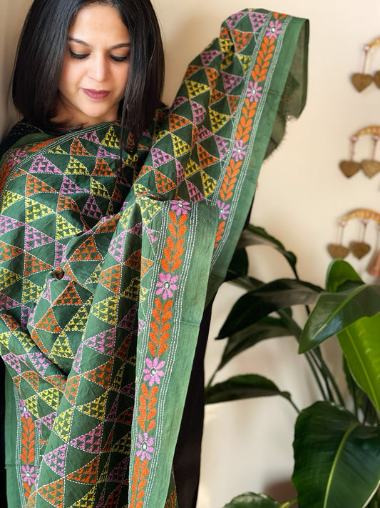 Green Handmade Kantha Dupatta in Silk